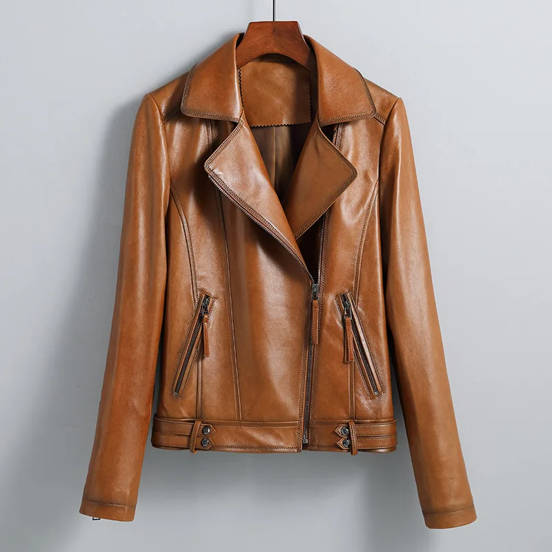 Leather Jacket Women's Spring Autumn Sheepskin Motorcycle Suit Slim Short Style Small Leather Jacket Casual Jacket 3XL