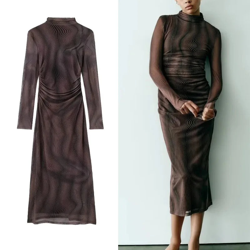 

Платье-миди женское из тюля с длинным рукавом и высоким воротником