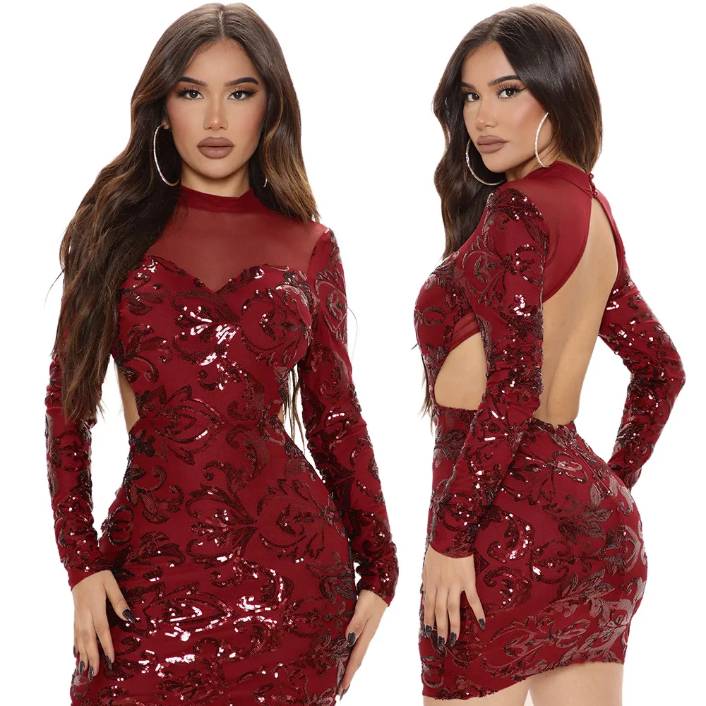 Women Sexy Sequins Evening Dress Spaghetti Long Sleeve Backless Party Club Dress Fashion Bodycon Hollow Out Mini Dresses