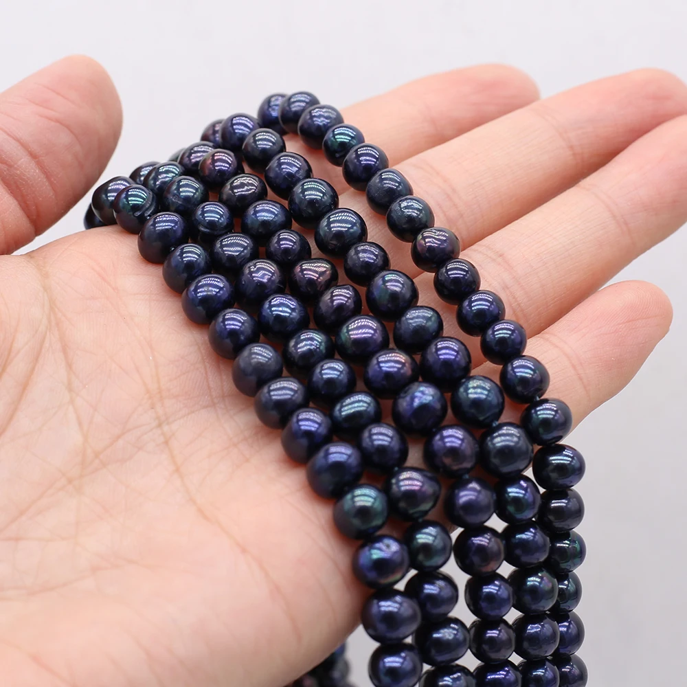 

7-8MM Natural Freshwater Pearl Beading Near Circle Shape Real Black Pearls for DIY Charms Bracelet Necklace Jewelry Making 36cm