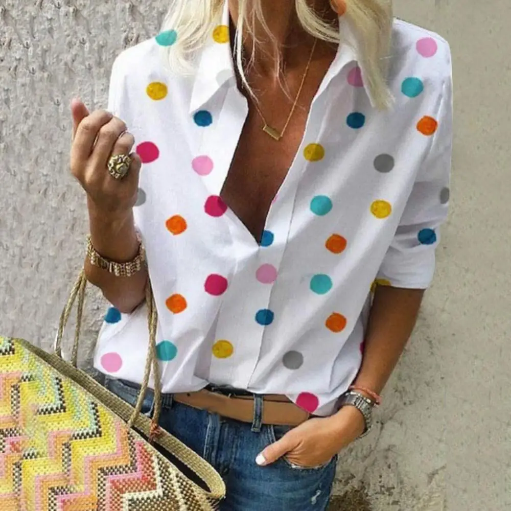 

Women's Shirt Colorful Dots Print Blouse Turn Down Collar V Neck Long Sleeve Shirt for Office Clothing