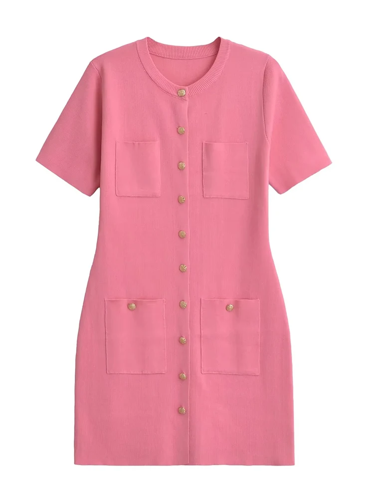 Женское трикотажное мини-платье на пуговицах с круглым вырезом и короткими