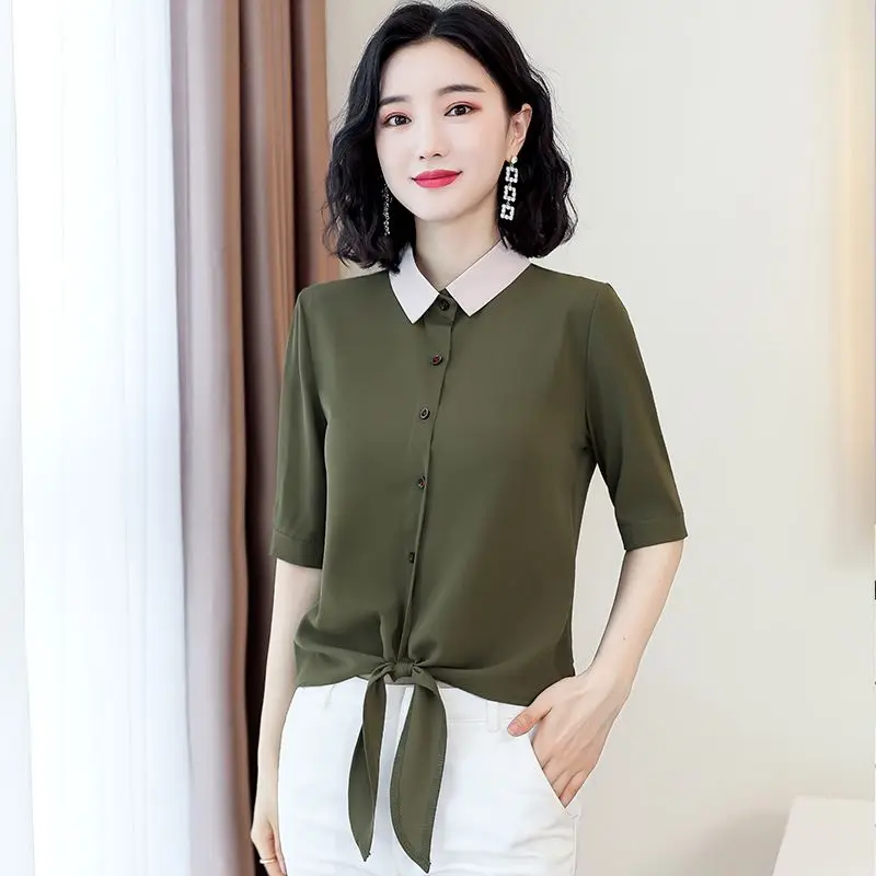 

Женская однотонная Элегантная модная блузка в Корейском стиле, женская одежда, повседневные шифоновые рубашки на шнуровке, офисные женские...