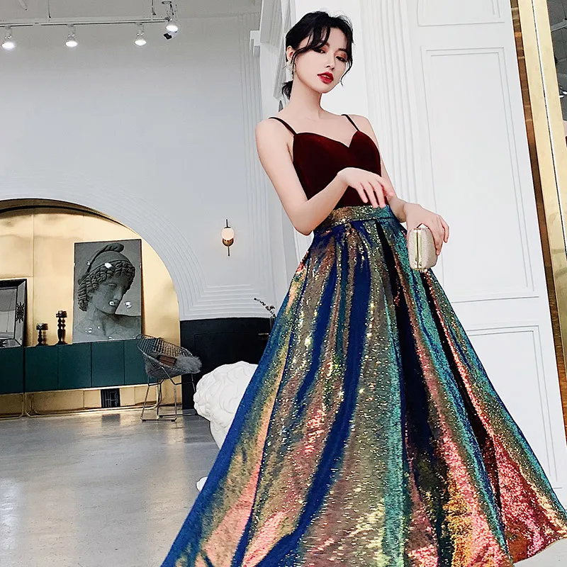 Women New Burgundy Floor Length Long Dress Elegant Shiny Sequins Off Shoulder Dresses Banquet Sexy Party Robe Lady Girl Gown