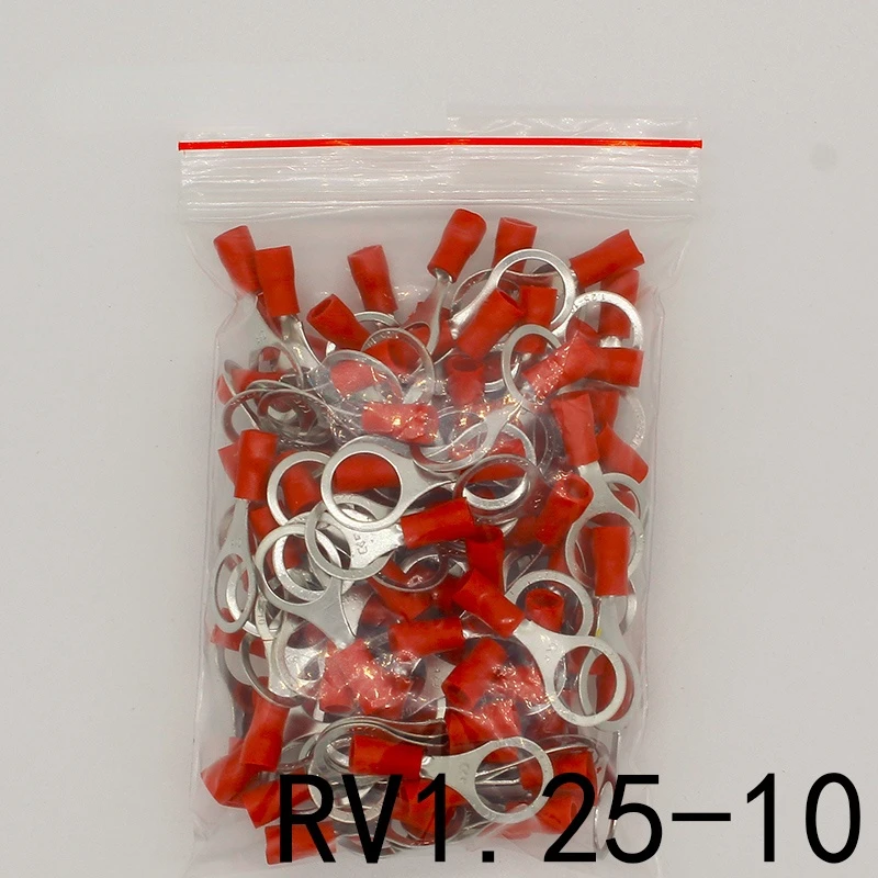 

RV1.25-10 Red 22-16 AWG 0.5-1.5mm2 Insulated Ring Terminal Connector Cable Wire Connector 100PCS/Pack RV1-10 RV