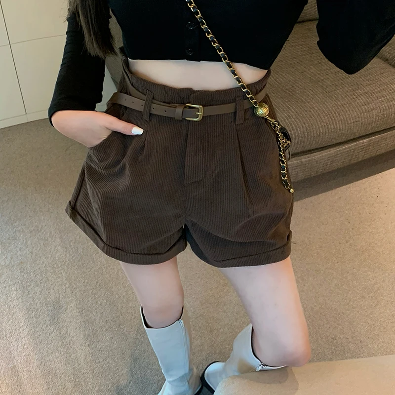 

Loose French Vintage Shorts Women High-waist Korean Fashion Wide-legged Shorts Sash Velvet Elegant Trousers Autumn Winter 2022