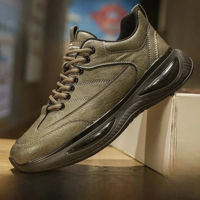 Men's Shoes Winter New Sneaker Full-grain Leather Casual Black Thick Bottom Trendy Fleece-lined Warm Daddy