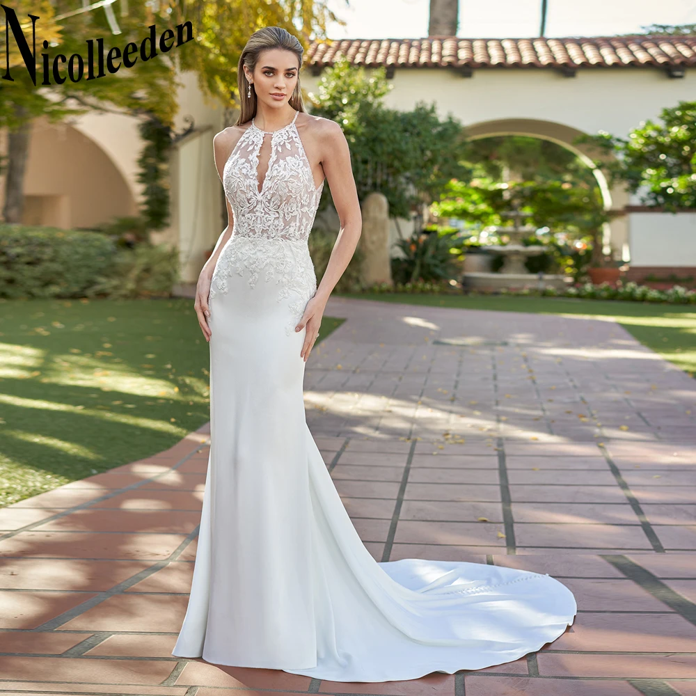

Nicolle Fashionable Scoop Wedding Dresses For Women Mermaid Court Train Appliques Sleeveless Button Backless Robe De Mariée