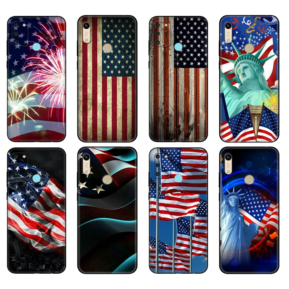 

Black tpu Case For Honor 8a Prime 8s 9 10X Lite 9A 9C 9X Premium Pro 9S Case Cover America USA Flag