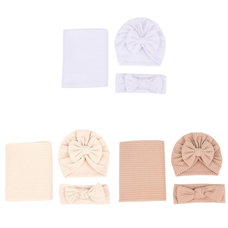 

67JC Swaddling Blanket Hat Headband for Baby Muslin Bow Hat Wrap Blanket Newborn Beanie Hat Infant Gender Neutral Photo Props