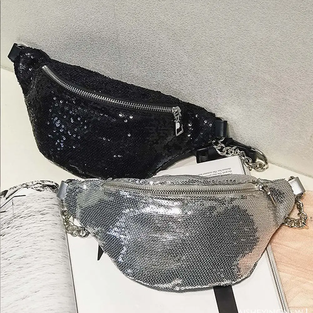 

New Fashion Women Glitter Sequin Fanny Pack Waist Bag Chest Pouch Leather Pouch Bum Belts Shoulder Bag Travel Sport Pocket Purse