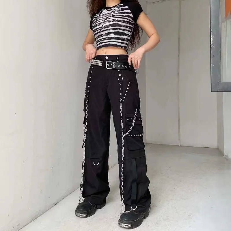 

Pockets Straight Pants Y2K Hot Girl Punk Chain Pants Black Baggy Cargo Woman Jeans Gothic Clothes Eyelet Buckle Hippie Trousers