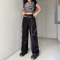 pockets straight pants y2k hot girl punk chain pants black baggy cargo woman jeans gothic clothes eyelet buckle hippie trousers