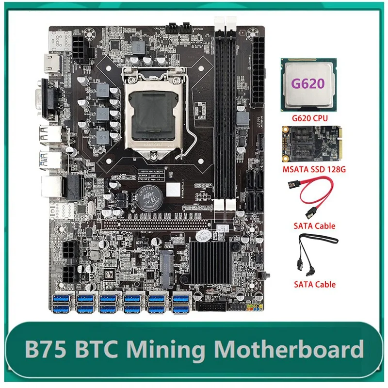 

B75 ETH Mining Motherboard LGA1155 12XPCIE To USB Adapter+G620 CPU+MSATA SSD 128G+SATA Cable B75 BTC Miner Motherboard