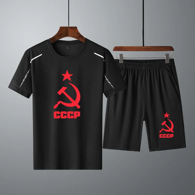 

Camiseta masculina de verão cccp rússia urss união soviética casual manga curta algodão de alta qualidade + shorts 2 peça terno