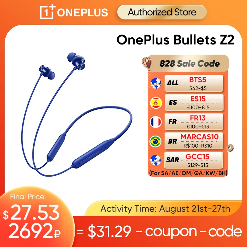Беспроводные Bluetooth-наушники OnePlus Bullets Z2 с шумоподавлением, время автономной работы 30 часов, IP55, беспроводные наушники для xiaomi, iphone 11