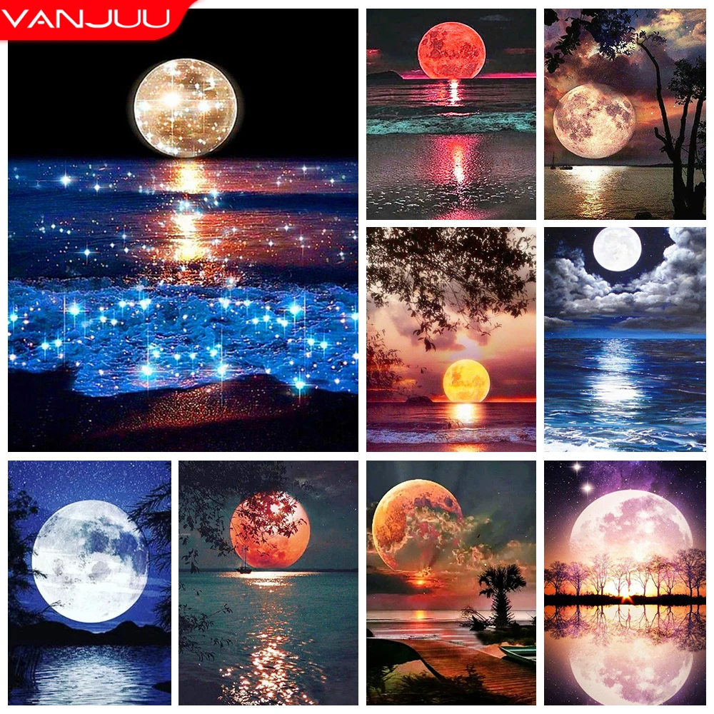 

Полноформатная круглая Алмазная вышивка Moon, Набор для вышивки крестиком, мозаика, искусство, алмазная живопись, домашний декор