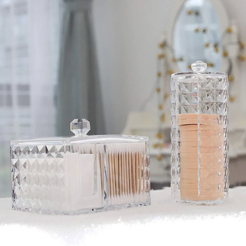 

Cotton Storage Box Makeup Organizer Transparent Diamond Pattern Plastic Box Acrylic Bathroom Accessories Cotton Swabs Dustproof