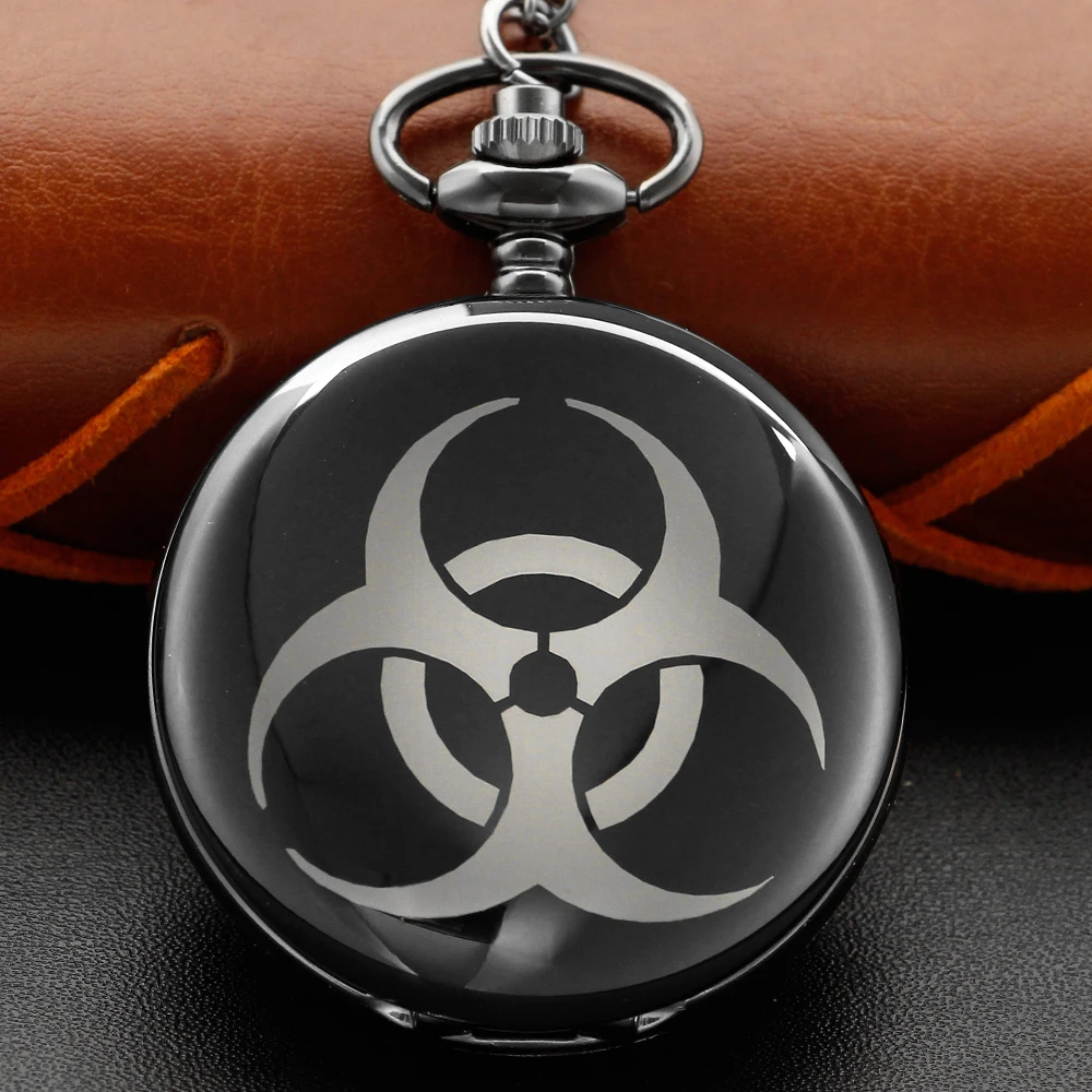 

Black Steel Smooth Texture Biochemical Symbol Quartz Pocket Watch Fashion Necklace Pendant Accessories Clock Gift