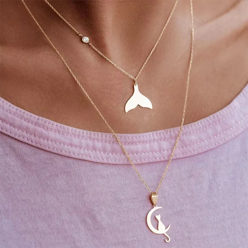 

2 Sets of Titanium Steel Gold Pendant Clavicle Chain European and American Stainless Steel Moon Cat Mermaid Pendant Necklace