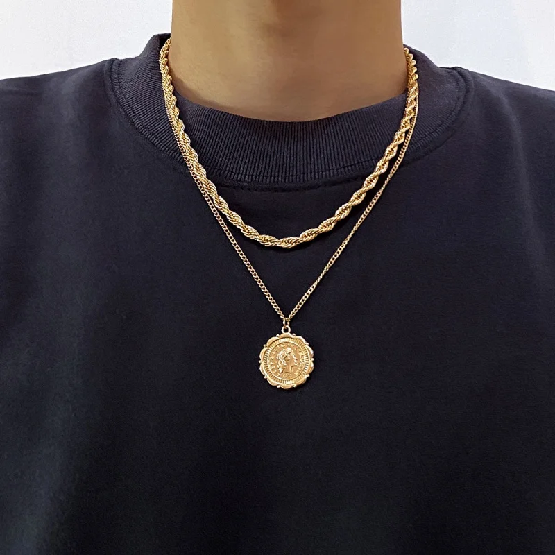 

European and American Men's Hip Hop Portrait Twin Double-Layer Twist Necklace