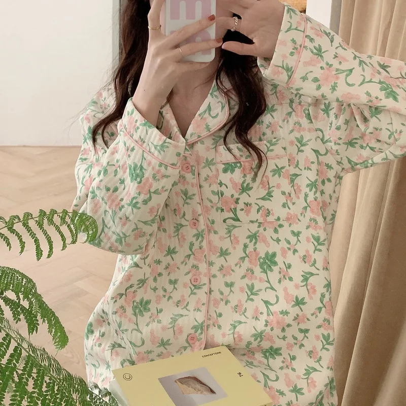 Pajamas Women's Autumn Long-sleeved Shorts Two-piece Japanese Winter Thick Women's Kawaii Pajamas Loose Student Home Clothes