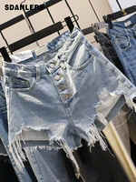 2022 summer new denim shorts womens ultra high waist wide leg breasted loose jeans korean style slimming outside wear hot pants