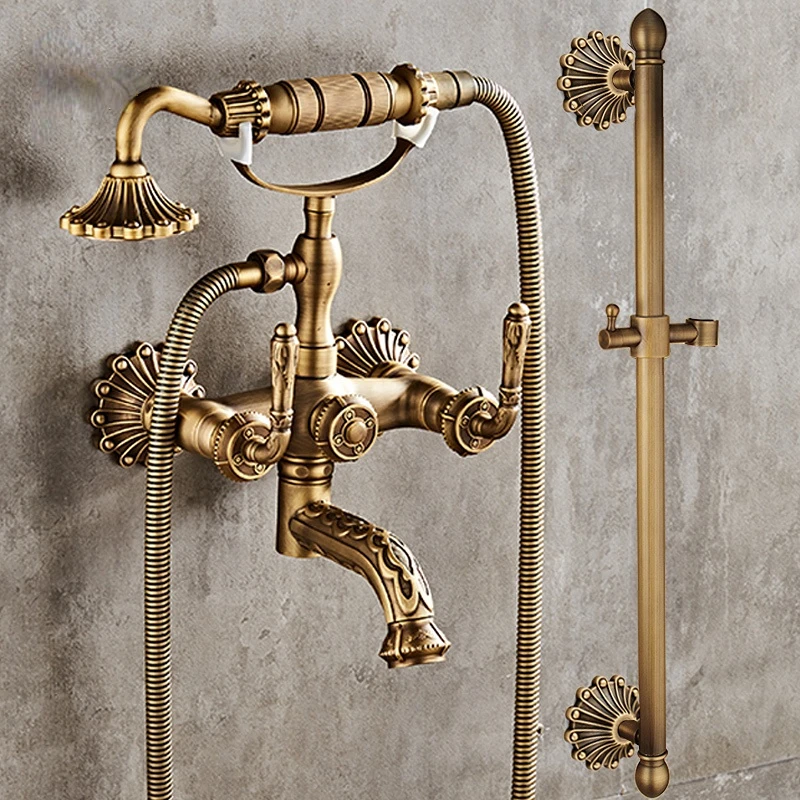 

Antique Brass Bathtub Shower Faucets Set Wall Mounted Bath Shower Set Swivel Tub Spout Bath Shower Dual Control Carved Mixer Tap