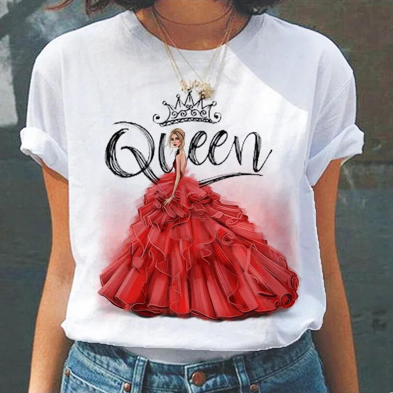

Summer Hot Sale Fashion Queen Print Short Sleeved T-shirt Women Soft Round Neck Loose Top Harajuku Female Clothes 24835