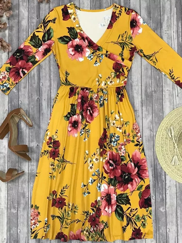 

Floral Print V-neck Dress Elegant Ladies Mini Dress Sexy V Neck Boho Beach Dress Long Sleeve Tie Waist Dress Spring Summer