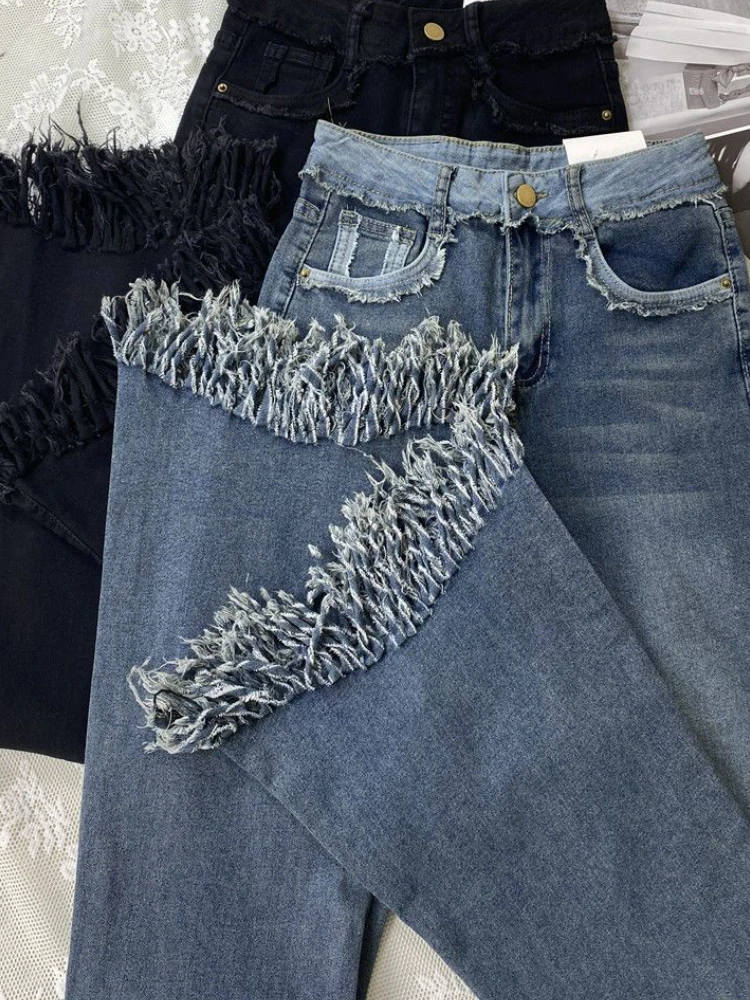 Расклешенные рваные джинсы женские Hotsweet с кисточками винтажный корейский стиль