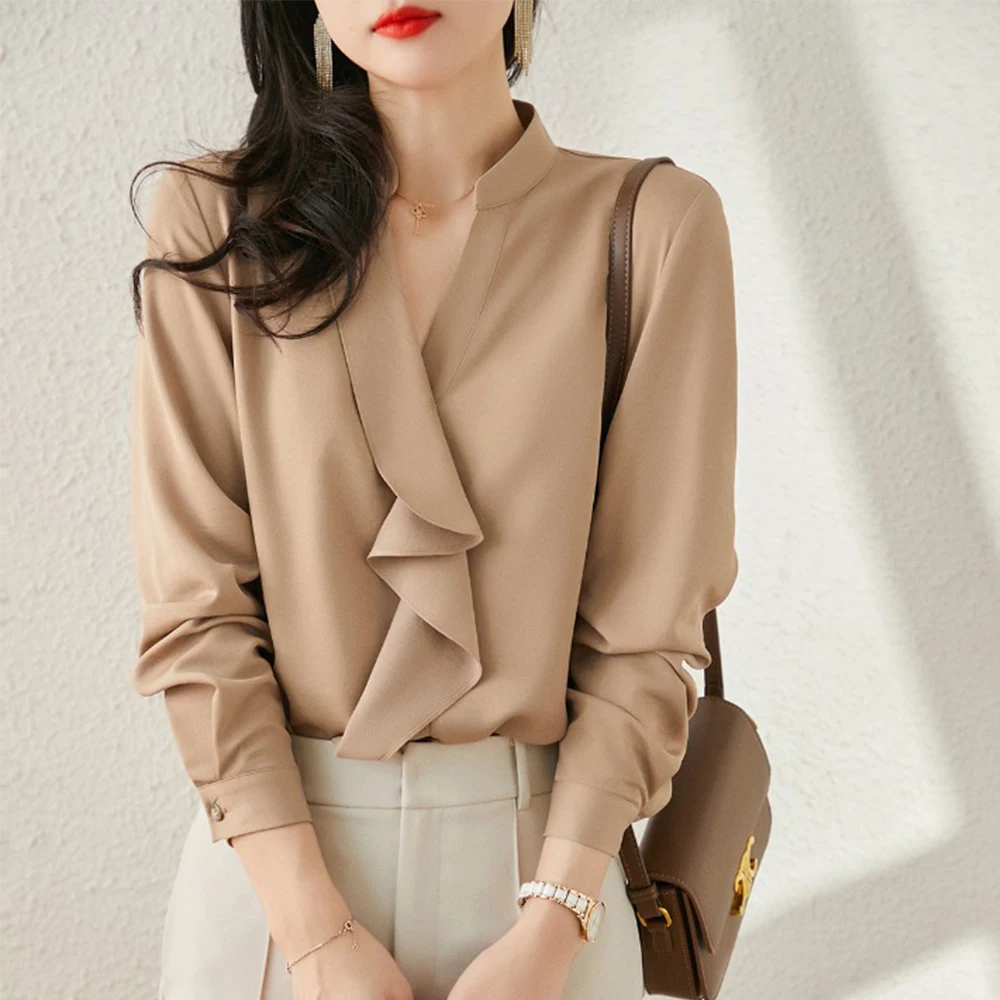 

Women's Ruffled Blouse Spring New V-neck Slim Simple Temperament Irregular All-Match Solid Color Shirt Korean Office Ladies Tops