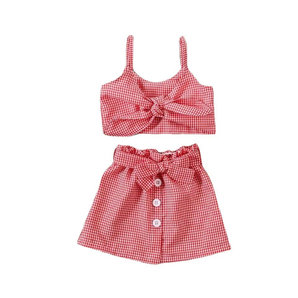 

2022 Summer New Fashion Casual Kids Clothing Kids Bow Plaid Suspenders and Skirt Suits Luxury Fashion Boutique Kids Clothing