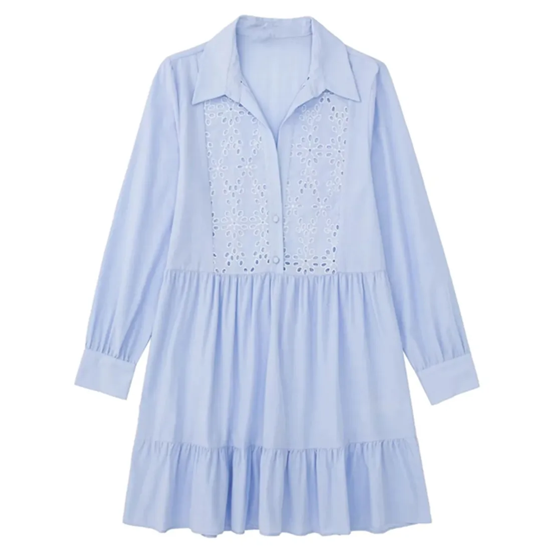 

Maxdutti Fashion Cotton Long Shirt Women Indie Folk Hollow Out Embroideried Sky Blue Cascading Mini Dress