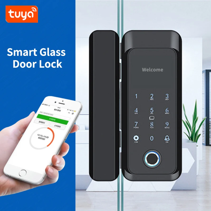 Bluetooth Tuya APP Control Smart Glass Door Biometric Fingerprint Lock Password Keypad 13.56Mhz RFID Electronic Lock