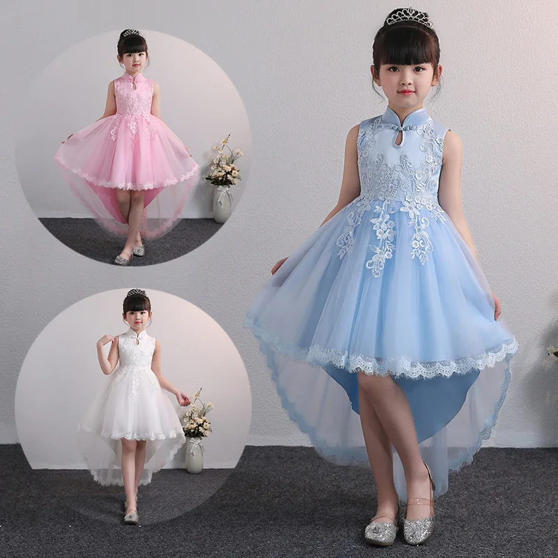 

For Girls Embroidery Elegant Princess Dresses Kids Sleeveless Mesh Wedding Trailing Skirt Costumes Children Clothing 3-12 Years