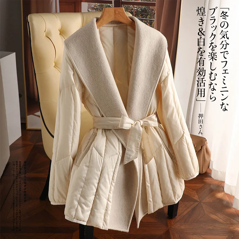 Luxury Design Thin Casacos Femininos Inverno 2022 90% White Goose Down  Jacket Women Belt Slim Spliced Down Jacket Women Coat
