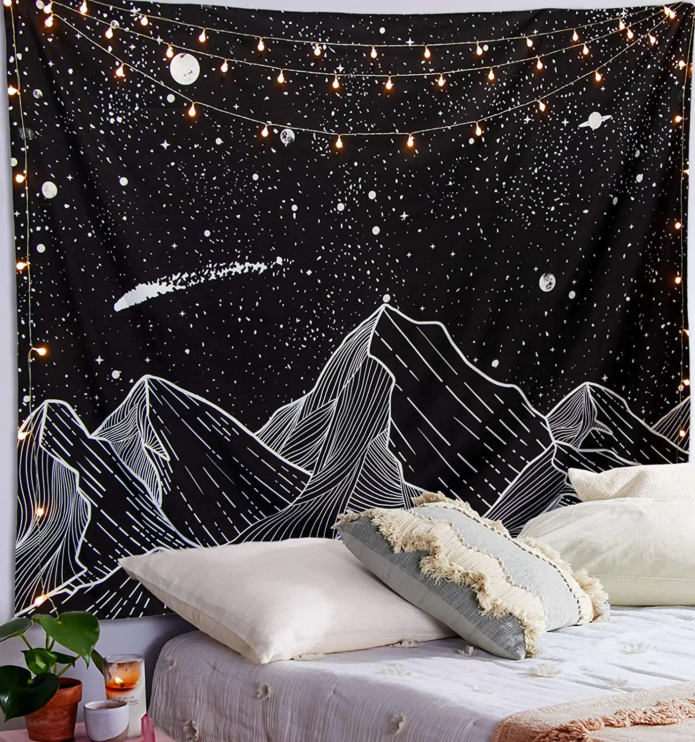 

Hawkalice Mountain Tapestry Moon Tapestry Wall Hanging Stars Black And White Art Tapestry Hippie For Livingroom Bedroom Decor