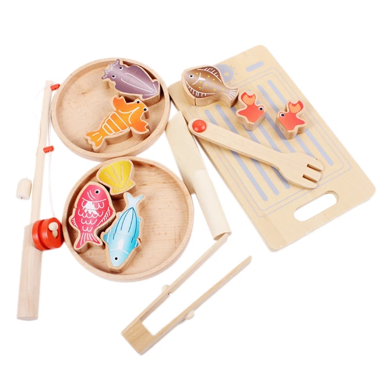 

Kids Wooden Magnetic Fishing Toys Multifunctional Fish Cutting Educational Toys Kitchen Fishing Game Pretend Playset