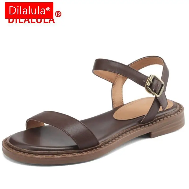 

Dilalula Concise Ankle Strap Women Sandals Genuine Leather Summer Casual Working Shoes Woman Low Heels Leisure Basic New Arrival