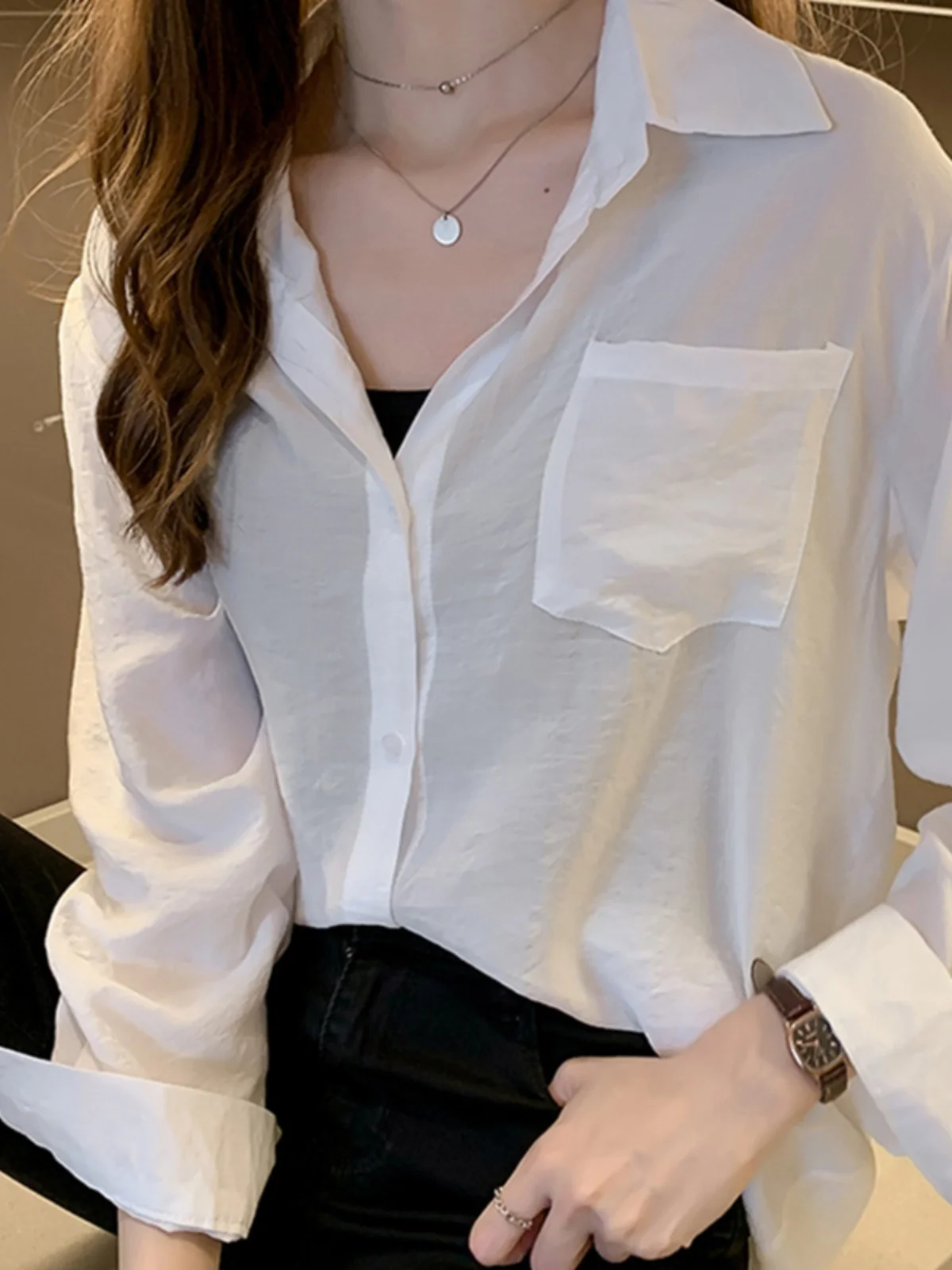 Синяя рубашка женская лето 2024 весенняя свободная большого размера с длинными