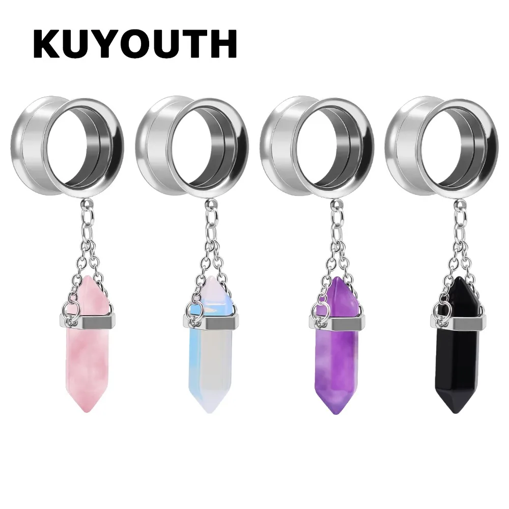 

KUYOUTH Stylish Stainless Steel Stone Rhombus Column Pendant Ear Piercing Tunnels Stretchers Body Jewelry Earring Expanders 2PCS