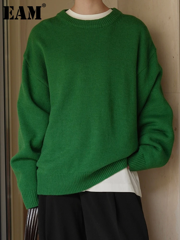 

[EAM] Зеленый Большой размер вязаный свитер свободный крой круглый вырез длинный рукав женские пуловеры новая мода весна осень 2023 1DH1032