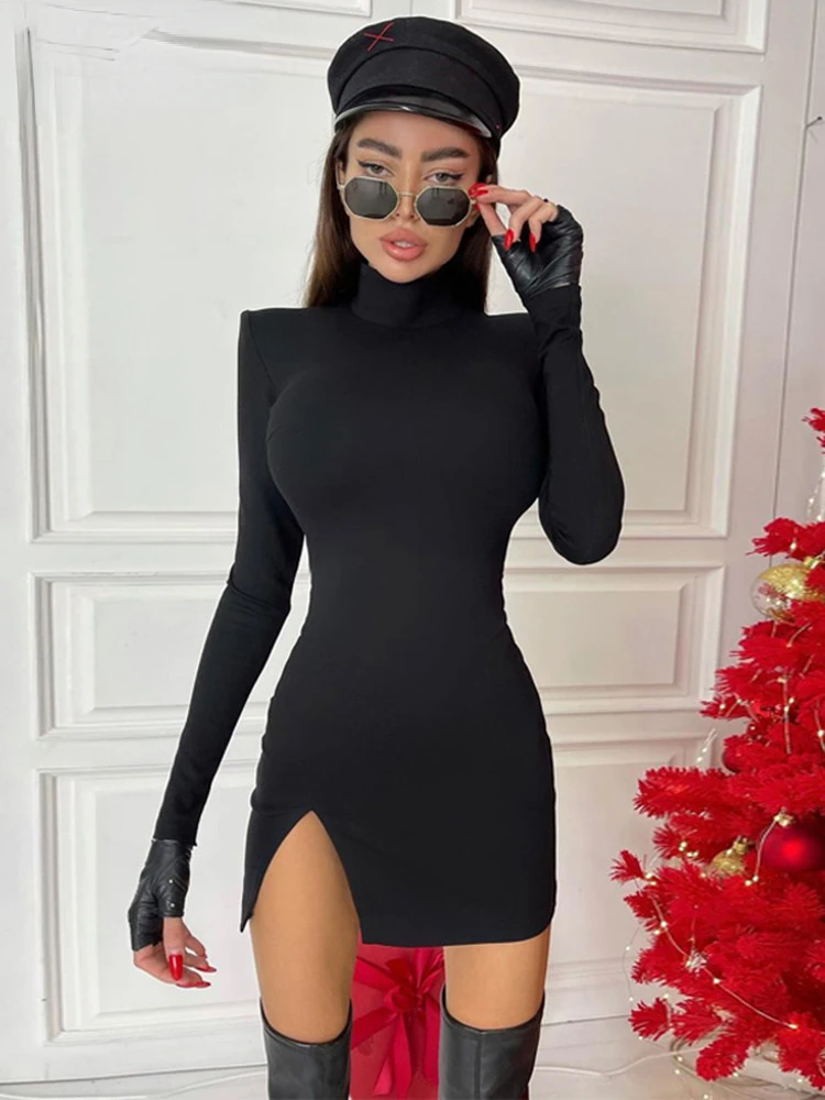 

Hugcitar 2021 Long Sleeve Solid Turtleneck Cut Out Shoulder Pads Mini Dress Spring Summer Women Fashion Sexy Party Club Outfits