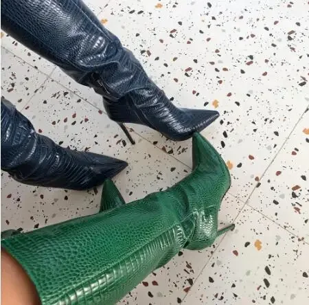 Зеленые черные сапоги до колена из змеиной кожи питона с острым носком женские