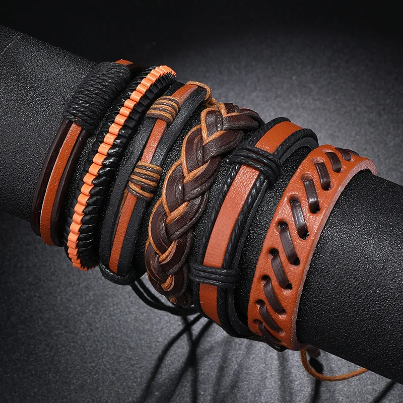 

6 Pcs Set Handmade Pu Leather Bracelets Men's Vintage Wrap Braided Adjust Wristband Bangles Lace Up Bracelet Gifts