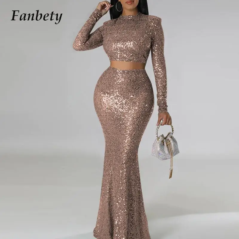 

Ladies Short Tops Party Set Autumn Solid Color Long Sleeve Fishtail Skirt 2pc Set Fashion O Neck Glitter Sequins Women Skirt Set