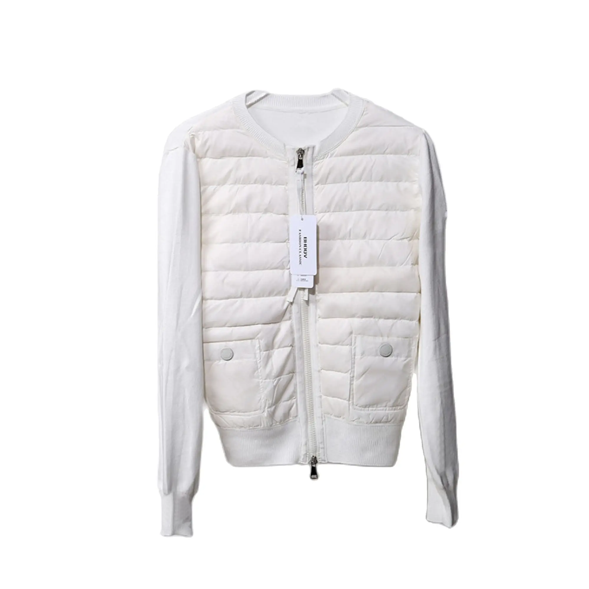 Winter Down Jacket Knitted Women's Round Neck Slim New Short Black and White Zipper Jacket Casual Autumn