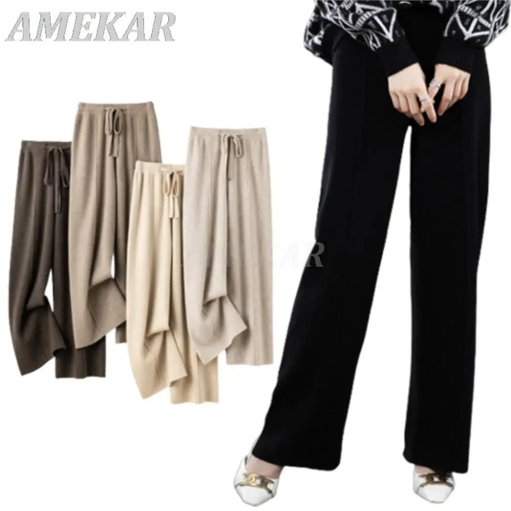 

Women Loose Casual Warm Knitted Wide Leg Pants Spring New Fashion Knit Pants Lady High Waist Soft Comfortable Straight Trousers
