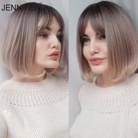 short straight full mechanism synthetic wigs for women with bangs gradient rose gold hair heat resistant cosplaydaily wig